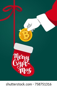 Vector illustration of Santa Claus hand holding a golden bitcoin dropping it into Christmas stocking. Bitcoin, cryptocurrency, money, wealth, gift concept design element in flat contemporary style