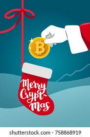 Vector illustration of Santa Claus hand holding a golden bitcoin dropping it into Christmas stocking. Bitcoin, cryptocurrency, money, wealth, gift concept design element in flat contemporary style