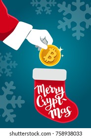 Vector illustration of Santa Claus hand holding a golden bitcoin dropping it into Christmas stocking. Bitcoin, cryptocurrency, money, wealth, gift concept design element in flat contemporary style