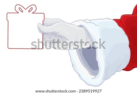 vector illustration of santa claus hand holding blank greeting card in gift box shape,Merry Christmas,send happy holiday message,on white.Shopping,Sales, Giving Gift,Christmas,New Year.