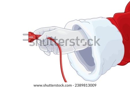 vector illustration of santa claus hand holding red electric power plug,electric plug for socket,red cable,electronics,Merry Christmas,isolated on white.Dangers from electrical outlets,safe festival.