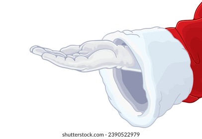 vector illustration of santa claus hand,palm facing up,Happy New Year,Merry Christmas,Celebration festival,isolated on white.Space to present messages,happy wishes, gifts,Christmas products.