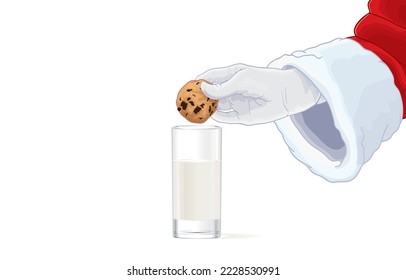 ilustración vectorial de santa claus manos dándose galletas de chocolate en un vaso de leche, delicioso bocadillo, aislado en blanco, Feliz Navidad, Feliz Año Nuevo, Buena salud, huesos fuertes, Nochevieja.