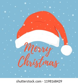 Vector illustration of Santa Claus hat with title, red and white cap in cartoon style. Christmas postcard, celebration poster, xmas ad banner. Decoration background.