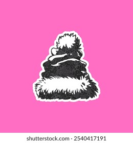 Vector illustration of Santa Claus hat in black and white with grunge grainy texture in retro style. Sticker of Christmas hat with photocopy effect. Isolated pink background. Element for design.