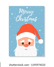 Vector illustration of Santa Claus head with title. Red, white cap with beard, merry character in cartoon style. Christmas postcard, celebration poster, xmas ad banner. Decoration background.
