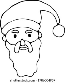 Vector illustration of a Santa Claus head with a beard and mustache in a Doodle hat. The concept of a holiday, new year, Christmas, gifts, magic. Can be used for fabric, paper, textiles, Wallpaper.