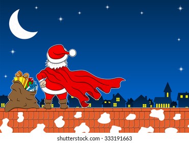 vector illustration of santa claus hero at work on a roof