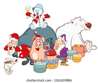 Vector Illustration of a Santa Claus and his Helpers  Cartoon