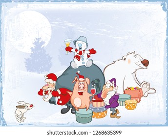 Vector Illustration of a Santa Claus and his Helpers  Cartoon