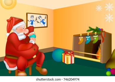 Vector illustration - Santa Claus in his house.  Vector banner Santa's workshop