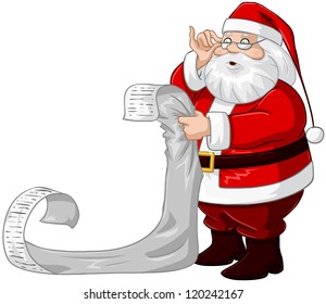 A vector illustration of Santa Claus holding and reading from his Christmas list of good and bad children.