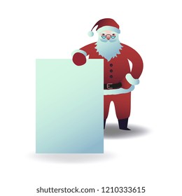 Vector illustration of Santa Claus holding blank placard in front of him in flat cartoon style. Christmas and New Year layout for holiday greeting design isolated on white background.