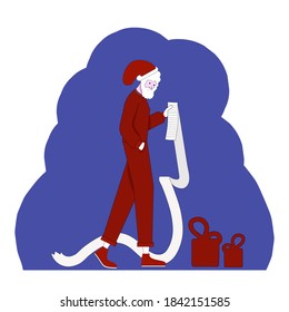 A vector illustration of Santa Claus holding and reading from his Christmas list of good and bad children.