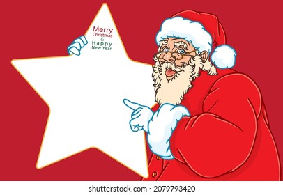 Vector illustration of Santa Claus holding white greeting signboard,star shape for text,pointing to empty space,blank christmas card,greeting card,Merry Christmas,Happy New Year,isolated on red.