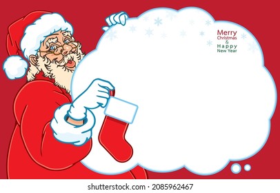 Vector illustration of Santa Claus holding white cloud or thought bubble and stocking sock for gifts, blank christmas card with snowflake,Celebration Holiday,Merry Christmas,Happy New Year,on red.