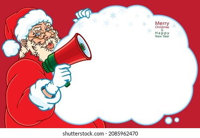 Vector illustration of Santa Claus holding white cloud or thought bubble and megaphone to announce something,blank christmas card with snowflake,Merry Christmas,Happy New Year,on red background.