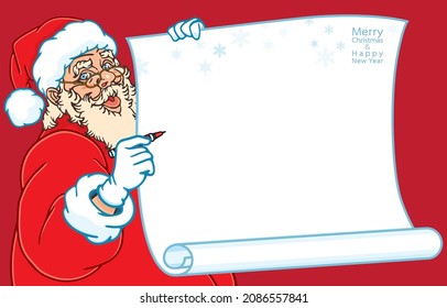 Vector illustration of Santa Claus holding big paper roll and red felt-tip marker to write Christmas wishlist, blank greeting card with snowflake,Merry Christmas,Happy New Year,on red background.