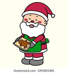 Vector illustration of santa claus holding ginger a bread cookie on a tray, santa claus baking a cookie, santa claus wearing an apron, isolated on light yellow background