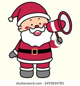 Vector illustration of santa claus holding a hand speaker and give announcement, isolated on light yellow background
