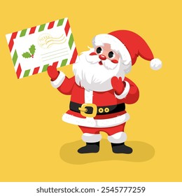 Ilustración vectorial de Santa Claus sosteniendo una Grande carta de saludo en un sobre postal en su mano. Un personaje de Navidades en un estilo plano en colores rojo brillante, amarillo y verde