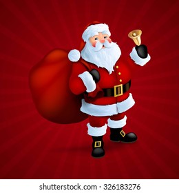 Vector Illustration of Santa Claus Holding a Bell on a Red Background