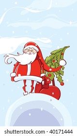 vector illustration of Santa Claus holding bag with gifts