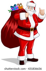A vector illustration of Santa Claus holding a huge bag full of presents for Christmas.