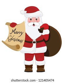 Vector Illustration of Santa Claus   holds a scroll and a bag of gifts