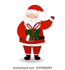 Vector illustration of Santa Claus holds Christmas gift in flat style. The cute character is isolated on a white background for festive holiday designs. Concept of Christmas and New Year holiday