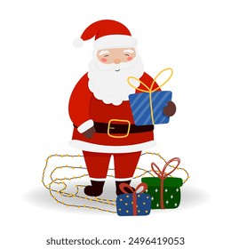 Vector illustration of Santa Claus holds Christmas gift in flat style. The cute character is isolated on a white background for festive holiday designs. Concept of Christmas and New Year holiday