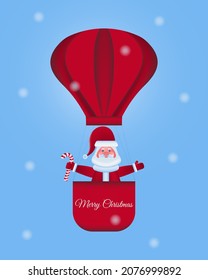 Vector illustration with Santa Claus in a hot air balloon with a candy cane in his hand..