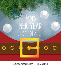 Vector illustration Santa Claus as an item of red clothing and belt, and instead of beards of Christmas decorations, fireworks, lights christmas Colored Christmas balls hanging from Christmas trees