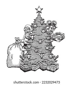 Vector illustration of Santa Claus and Krampus behind Christmas tree