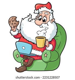 Vector illustration of Santa Claus with laptop sitting in an armchair