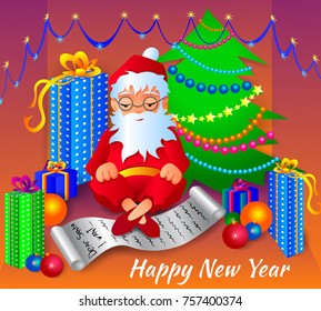 
Vector illustration of Santa Claus with a list of orders and gifts on the background of a Christmas tree.