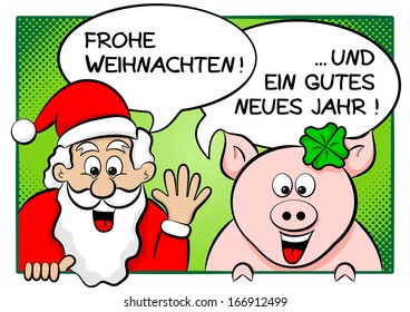 vector illustration of santa claus and lucky pig with speech bubbles merry christmas and a happy new year in german 