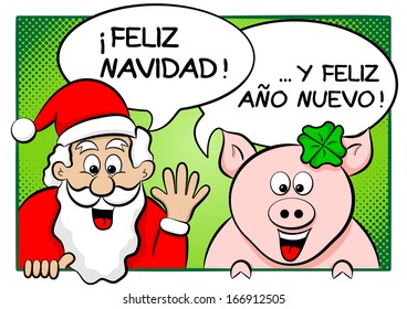 vector illustration of santa claus and lucky pig with speech bubbles merry christmas and a happy new year in spanish