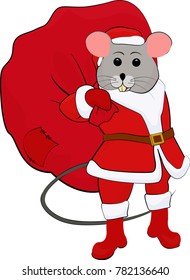 Vector Illustration of Santa Claus mouse carrying big sack