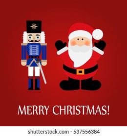 Vector illustration of a a Santa Claus and nutcracker with sword and text merry christmas!