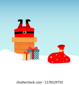 Vector illustration of Santa Claus on roof, diving into chimney, with boxed gifts lying around in snow. Christmas and New Year design greeting cards
