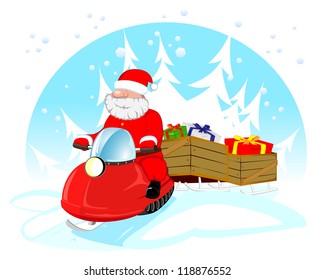 vector illustration of Santa Claus on snowmobile with gifts
