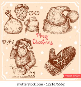 Vector illustration of Santa Claus on the party,text Merry Christmas on the background with abstract paper texture,retro frame.Letters and Santa DJ sketch. Santa Claus beard, hat, bag, gloves