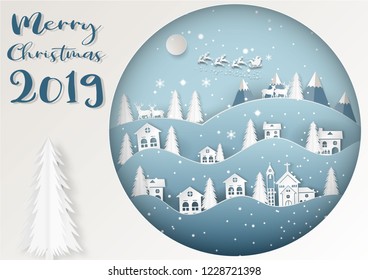 Vector Illustration of Santa Claus on the sky with snowflake, deer and tree, paper art and craft style