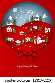 Vector Illustration of Santa Claus on the sky with snowflake, deer and tree, paper art and craft style