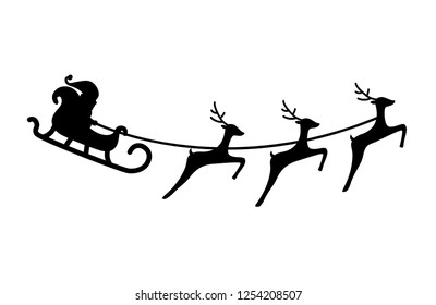 Vector illustration with Santa Claus on the sleigh with three reindeers. Black silhouette. Flat cartoon style