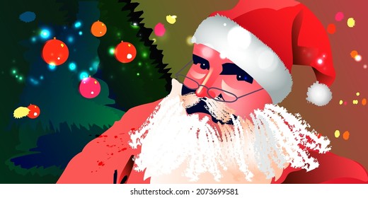 Vector illustration of Santa Claus on the background of a decorated Christmas tree and sparkles