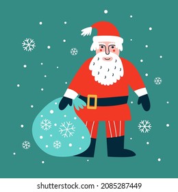 Vector illustration with Santa Claus on snowy background. Christmas card with smiling character.
