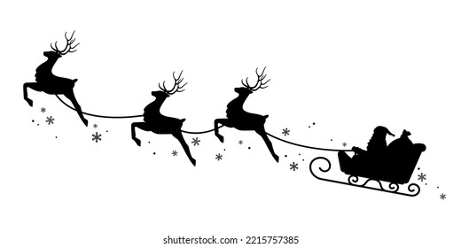 Vector illustration of Santa Claus on a sleigh with reindeer. Silhouette isolated on background.