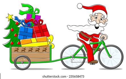 vector illustration of santa claus on bicycle delivering christmas gifts